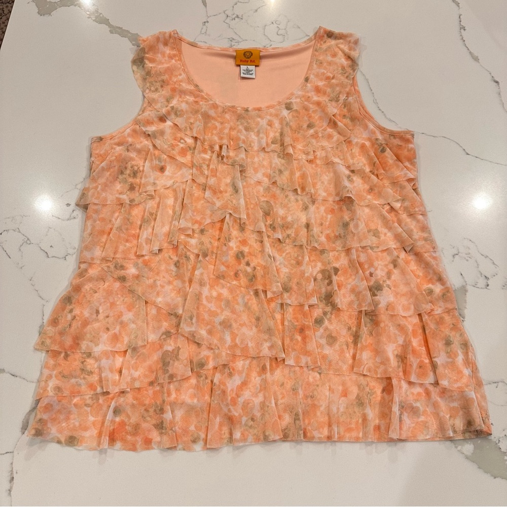 Ruby Rd. Floral Tiered Ruffle Babydoll Top Women L Peach Fairy Cottage Core Y2K
